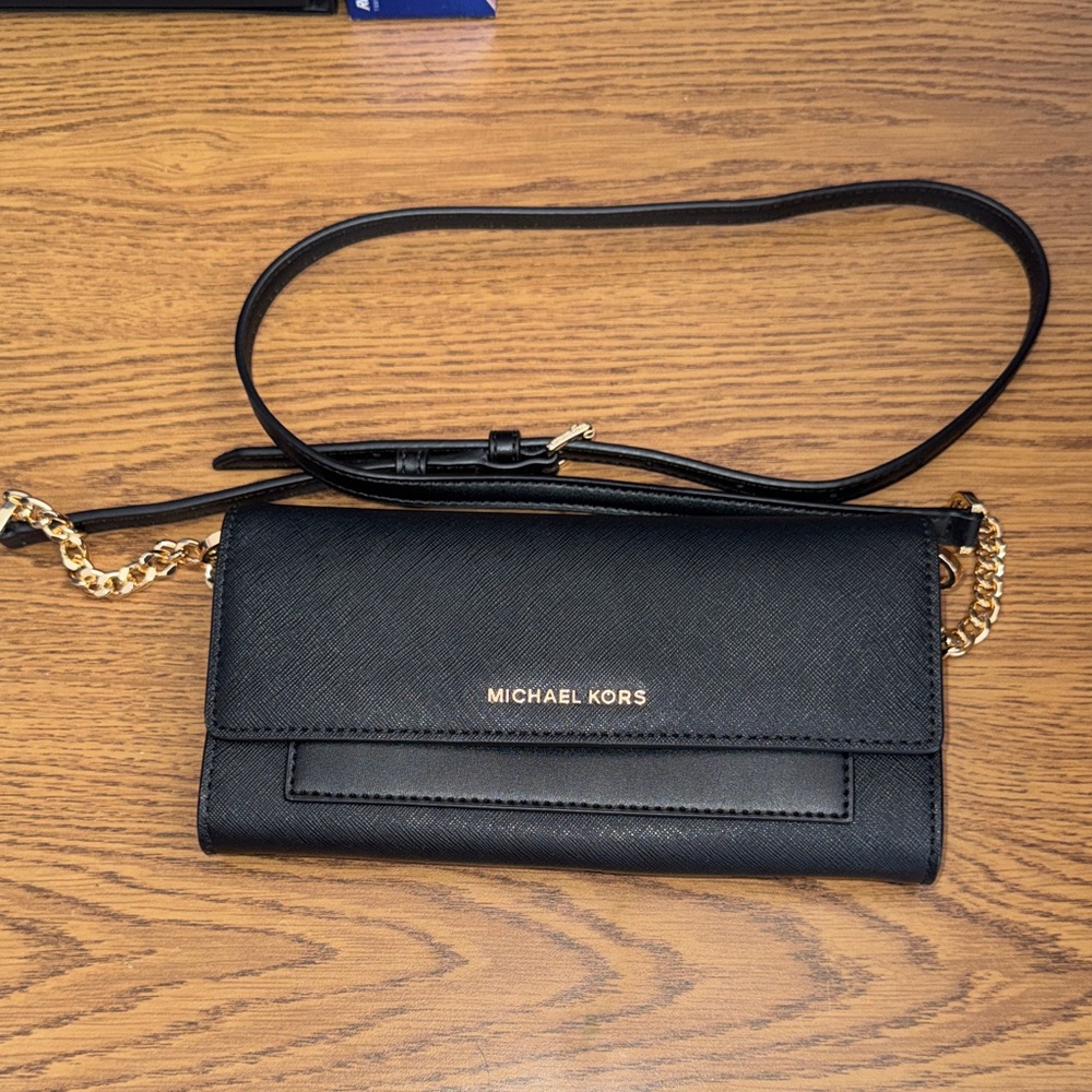 Michael Kors Black Leather Crossbody Wallet with Gold Hardware